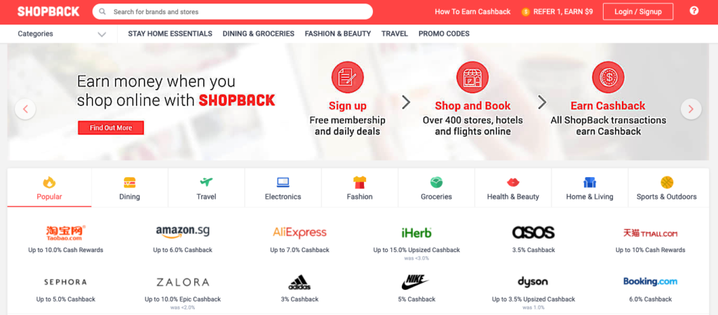 Screenshot of ShopBack Homepage